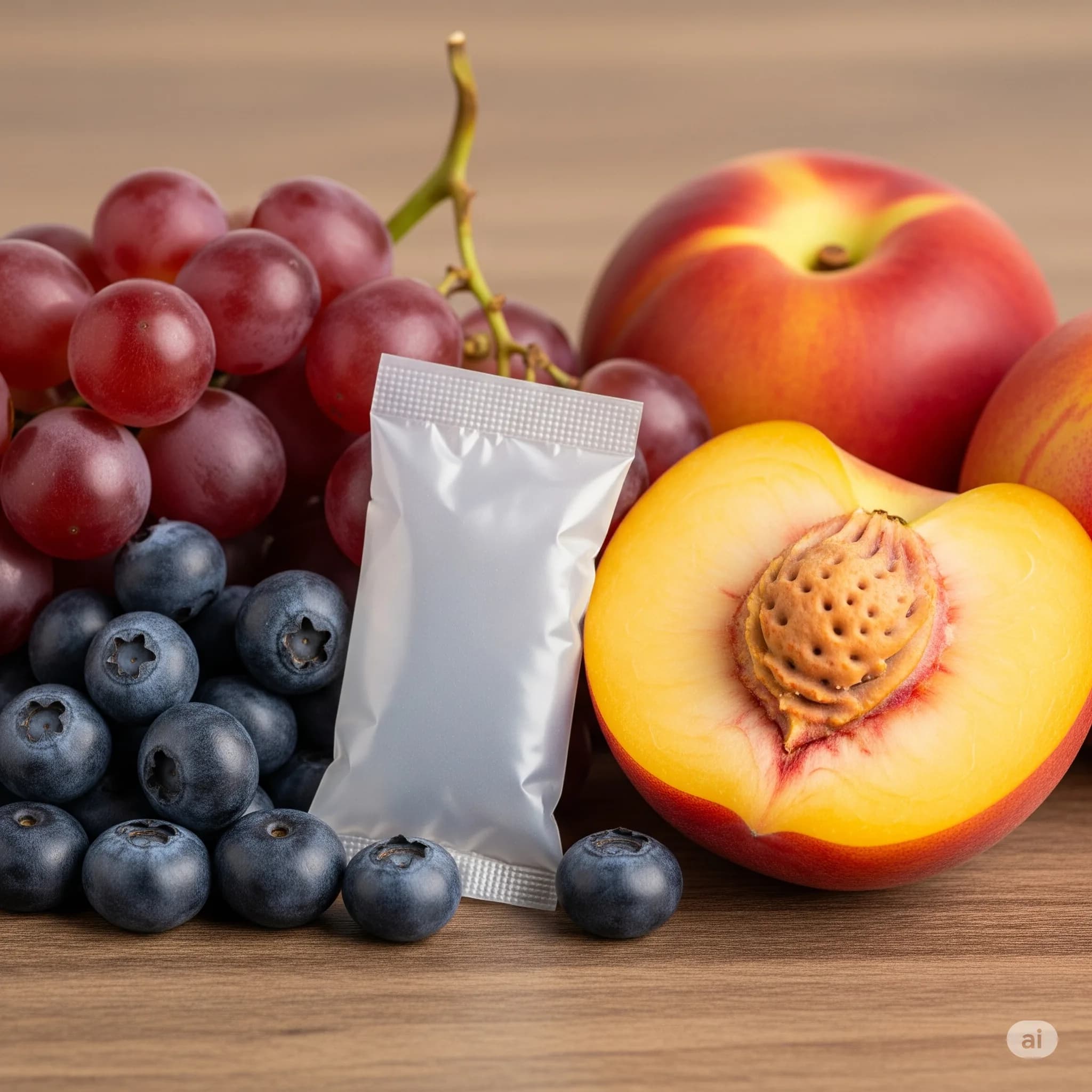 Sachet EthyleneAbsorber di antara anggur, blueberry, dan buah persik